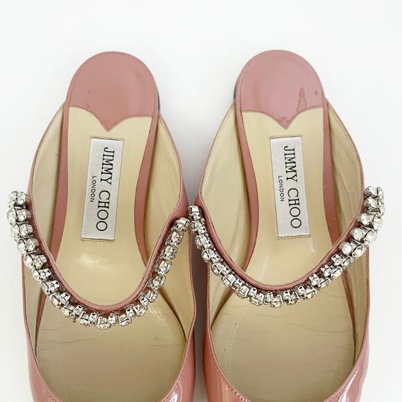 Jimmy Choo Ballet Pink Patent Leather Crystal Bing Pointed Toe Flat Mules 37.5 - Picture 7 of 11